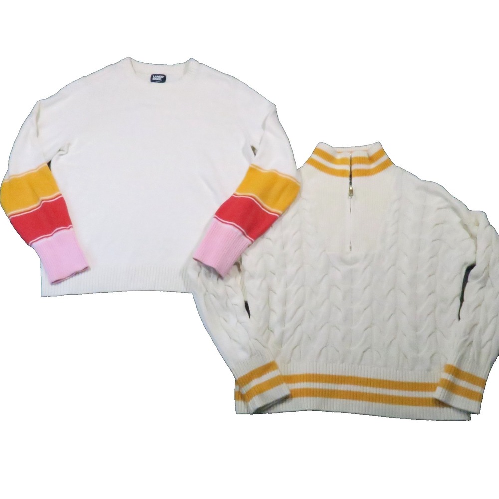 Lands End Drifter Sweaters S Ivory Knit Stripe Cotton Cozy Preppy Classic Lot‎ 2